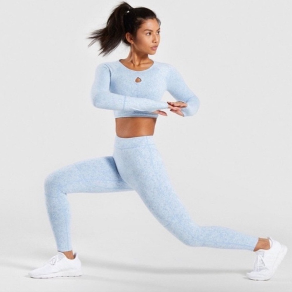 Gymshark Fleur Textured Leggings Malibu Blue Marl Medium High Rise Pilates yoga - Picture 2 of 11